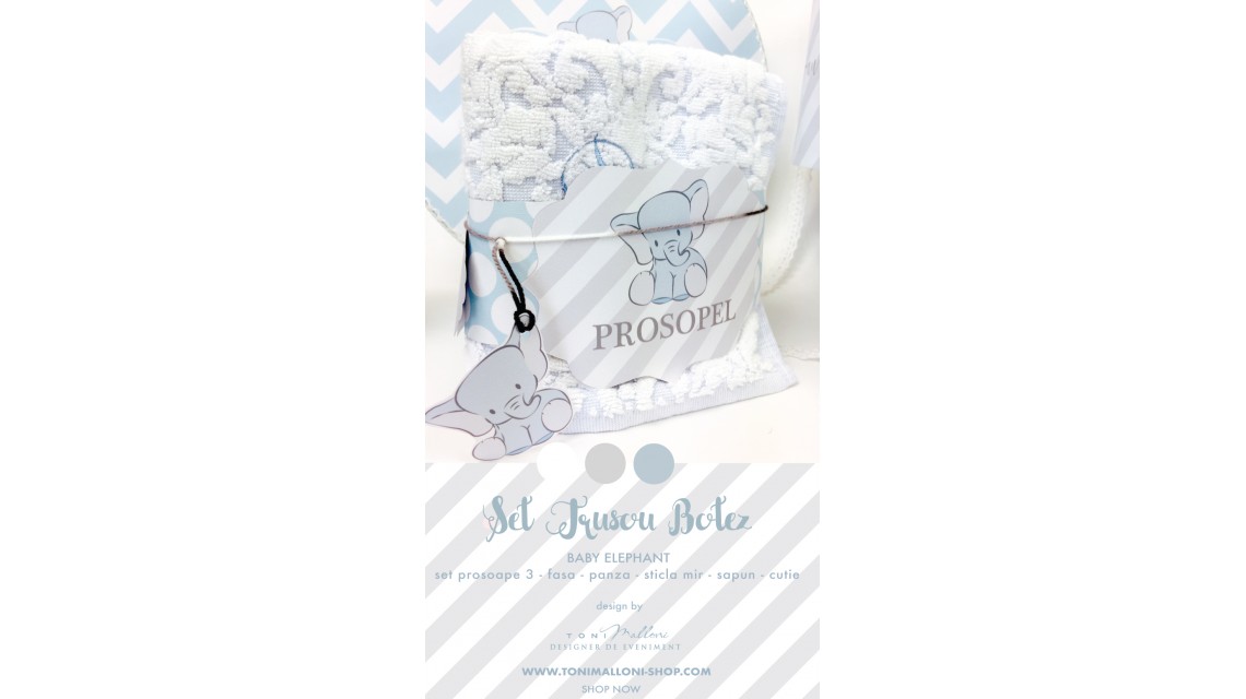 Trusou de botez cu broderie personalizata pentru baieti, Bleu & Grey Elephant 2